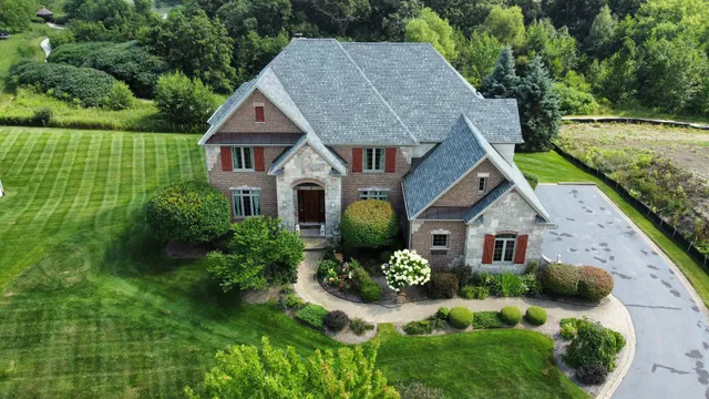 a aerial view of a house with a yard and potted plants