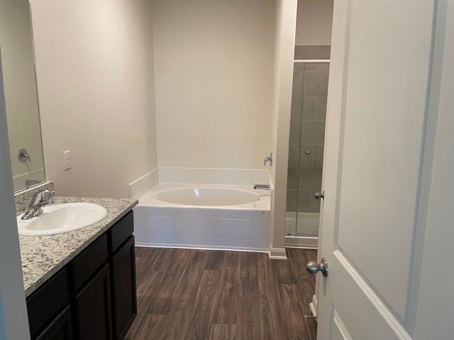 18741 Speculator Lane Elgin, TX 78621 - Photo 15 of 28 Full bathroom featuring vanity, dark wood finished floors, a garden tub, and a shower stall