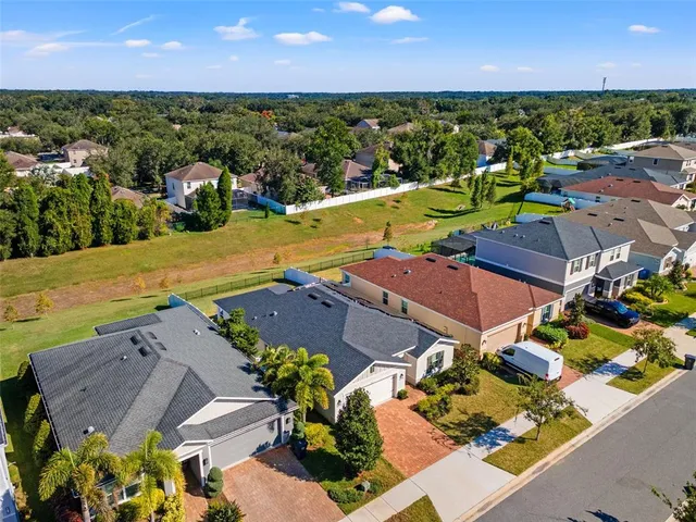 an aerial view of a house with a swimming pool