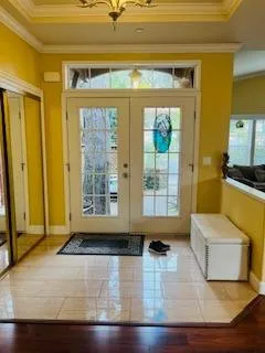 a living room with a large window