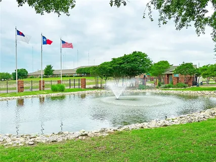 a view of a park with large trees