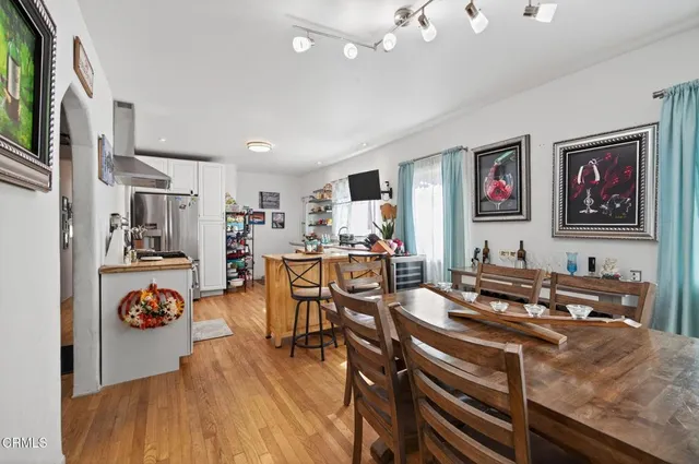 a view of a dining room with furniture