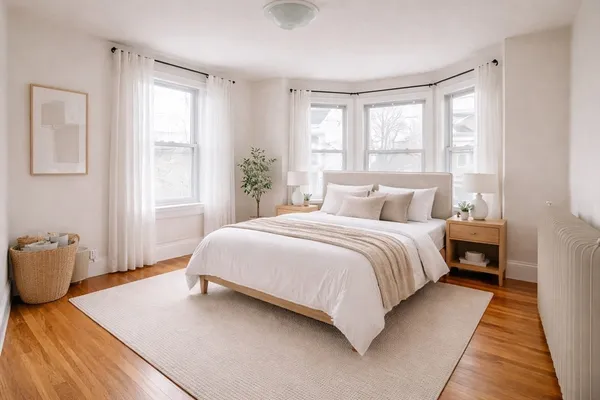 a bedroom with a large bed and a window