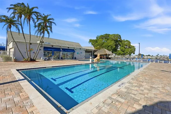 a view of a swimming pool with a yard and palm trees