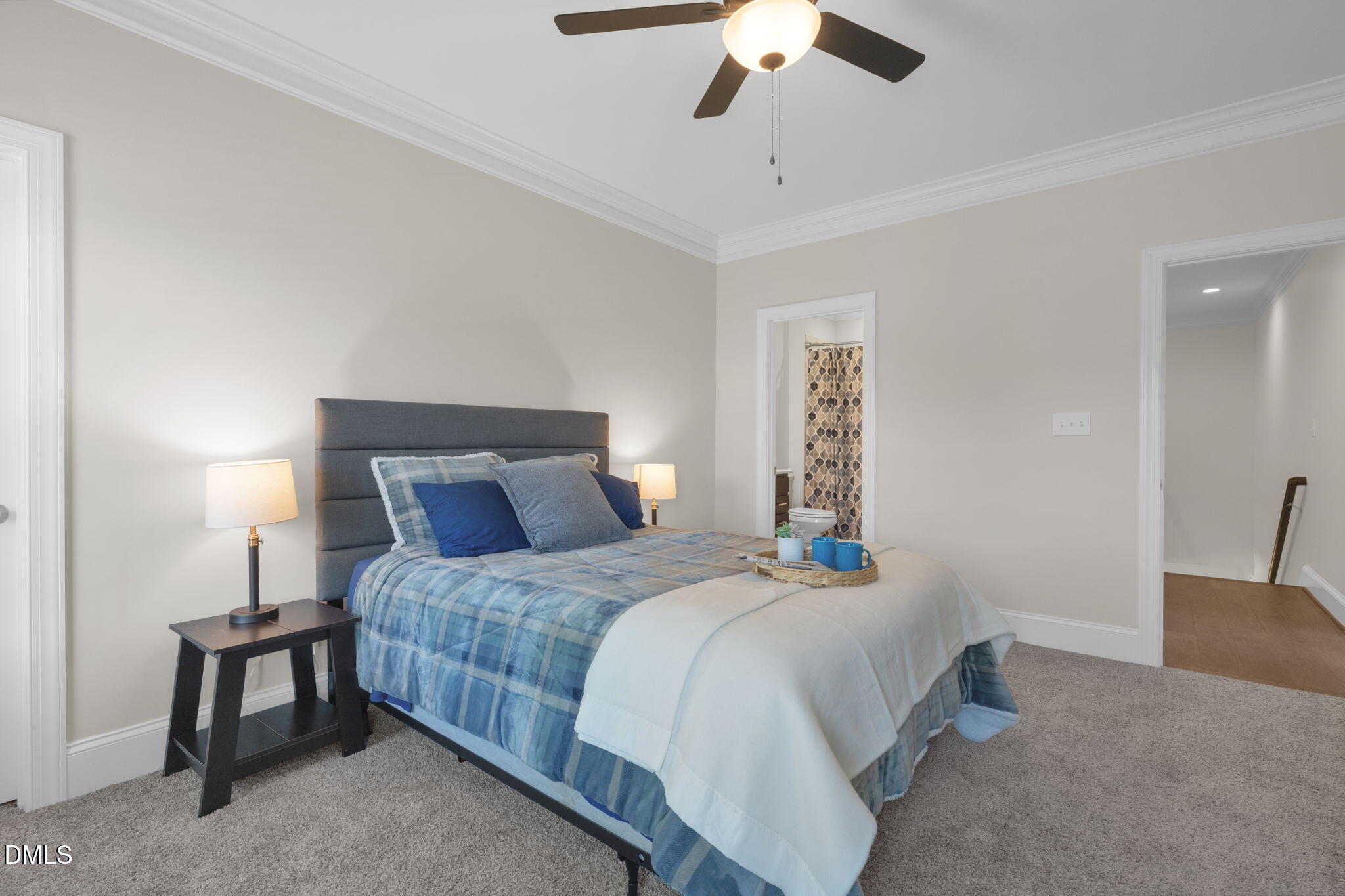 106 Garrison Farm Road Mebane, NC 27302 - Photo 36 of 46 a bedroom with bed and a chandelier