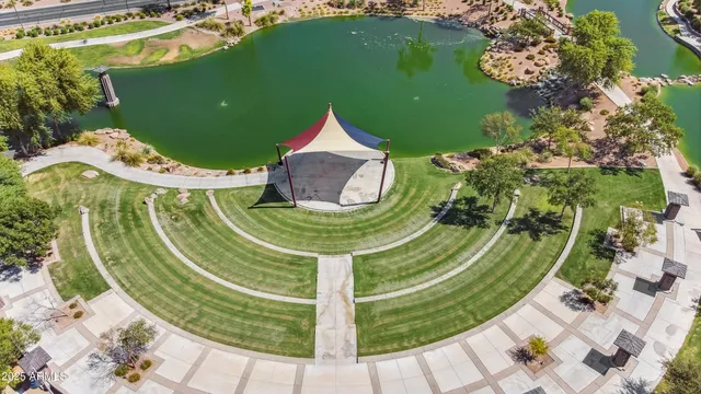 an aerial view of a swimming pool