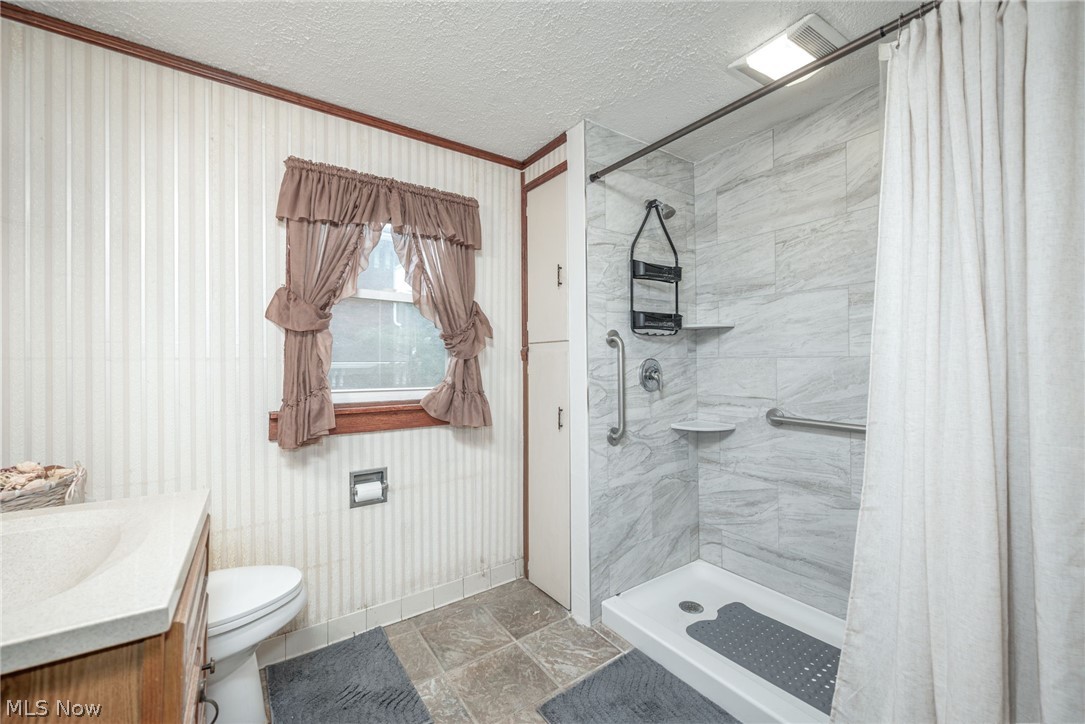 267 West Riddle Avenue Ravenna, OH 44266 - Photo 17 of 47 Walk-in shower with tiled surround and grab bars, built-in storage cabinetry, and vanity with integrated sink