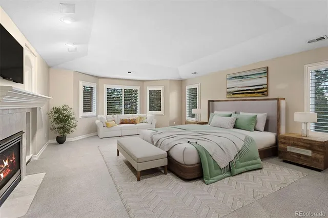 a spacious bedroom with a bed and a couch