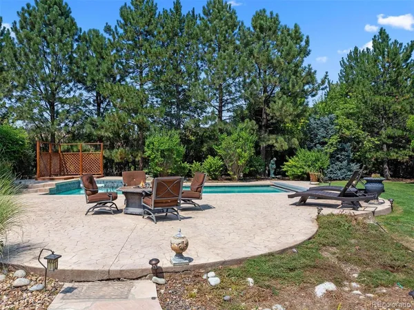 a view of a backyard with sitting area