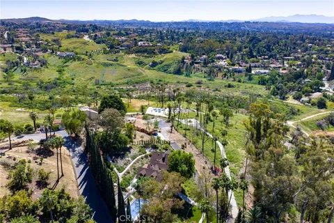 a view of a lush green forest with trees and houses