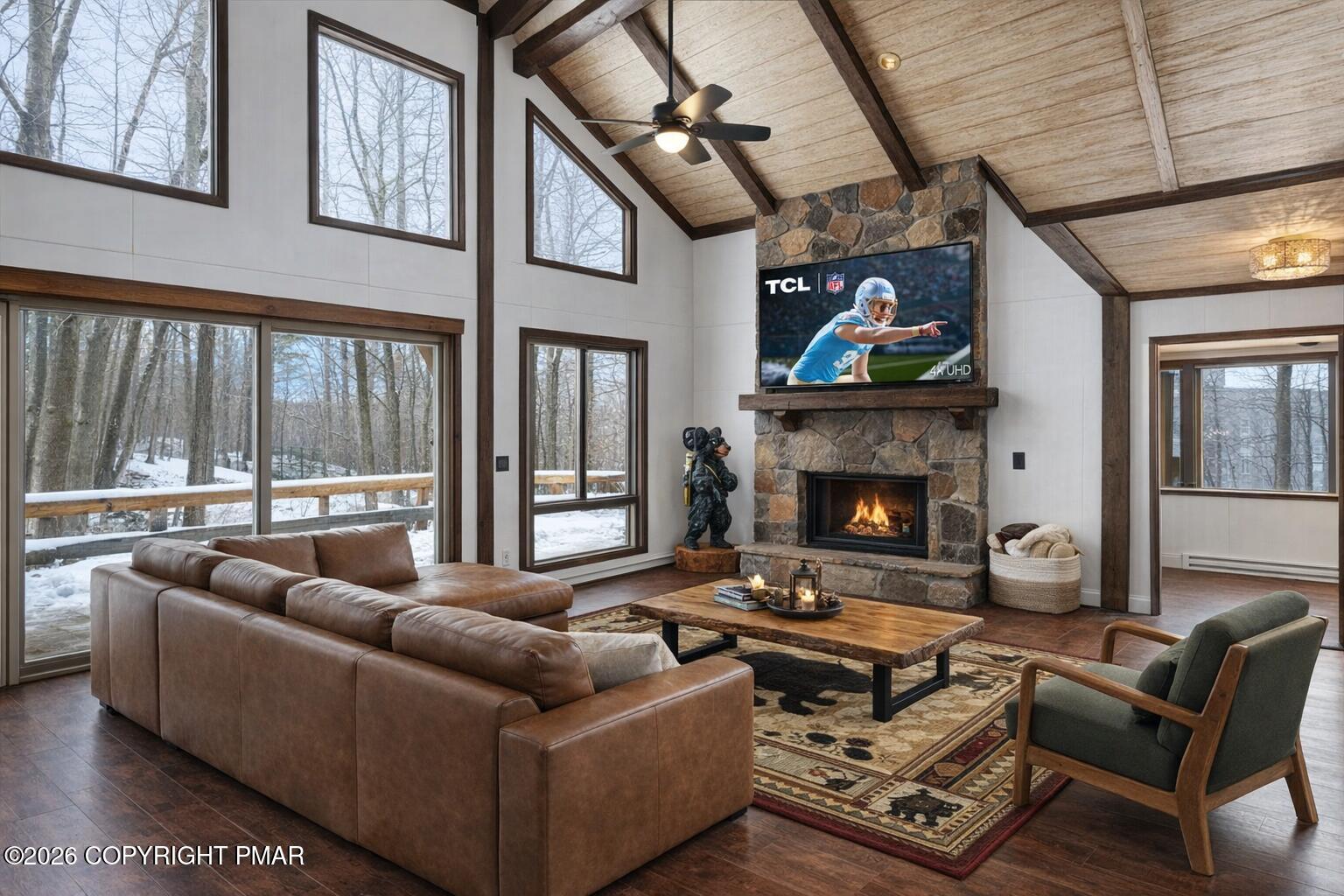 13 Sheffick Road Gouldsboro, PA 18424 - Photo 7 of 46 a living room with furniture a fireplace and a flat screen tv