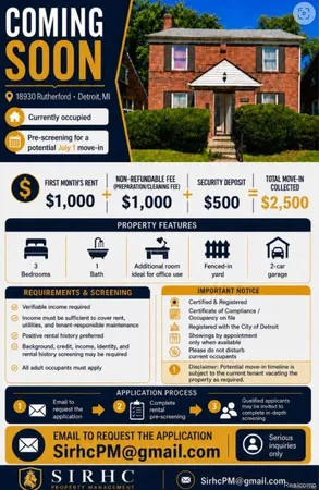 $1,000 | 18930 Rutherford Street, Detroit, MI 48235
