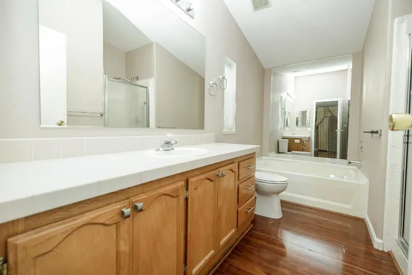 a bathroom with a double vanity sink toilet mirror and bathtub