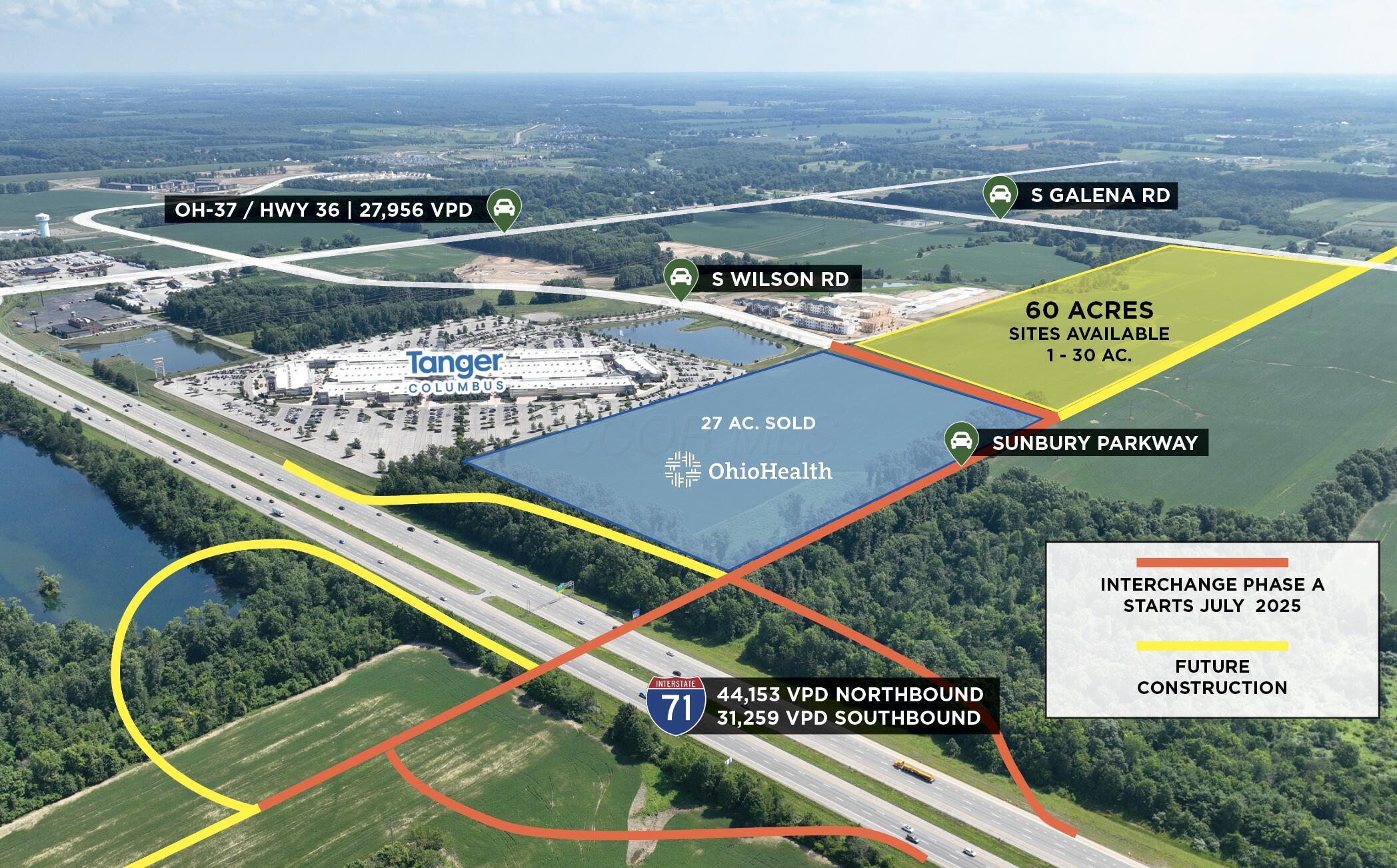 504 South Galena Road Sunbury, OH 43074 - Photo 1 of 6 60-AC Sunbury Gateway District at the imminent I-71/Sunbury Pkwy interchange (Phase A Construction Starts July 2025). 1-30 AC parcels beside the 27-AC Ohio Health campus and Tanger Outlets, with 88 k AADT on I-71 and 28 k VPD on OH-37.