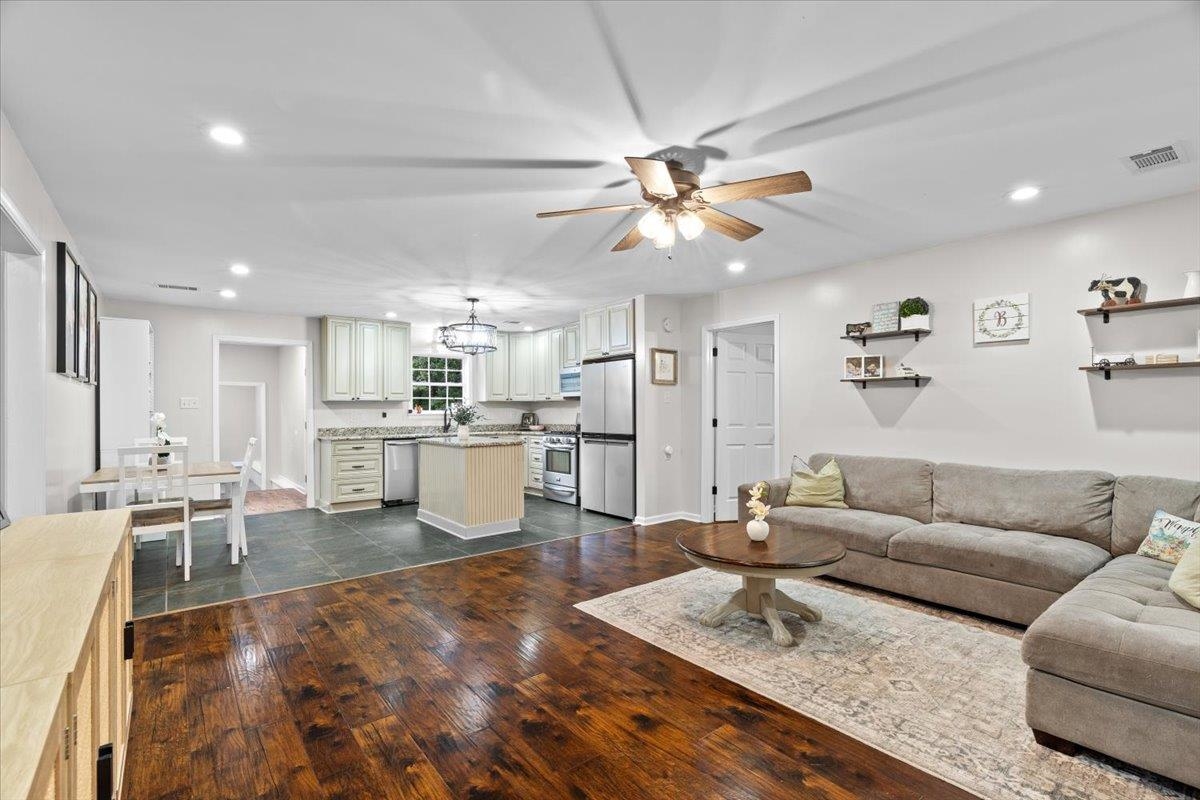 150 Liberty Road Moscow, TN 38057 - Photo 4 of 36 Open-concept living space featuring wood-finish flooring, recessed lighting, and a ceiling fan