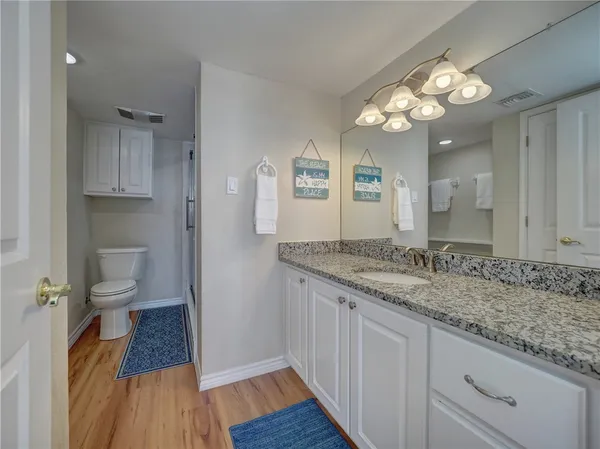 a bathroom with a granite countertop sink a toilet and a large mirror