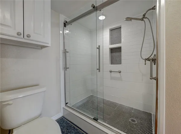 a bathroom with a shower a toilet and a glass door shower