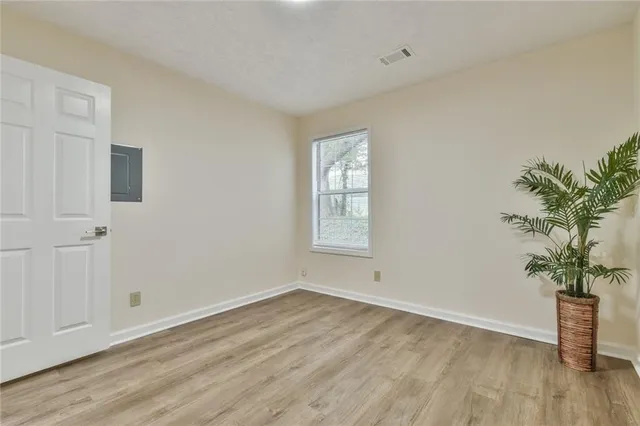 a view of empty room with wooden floor and plant