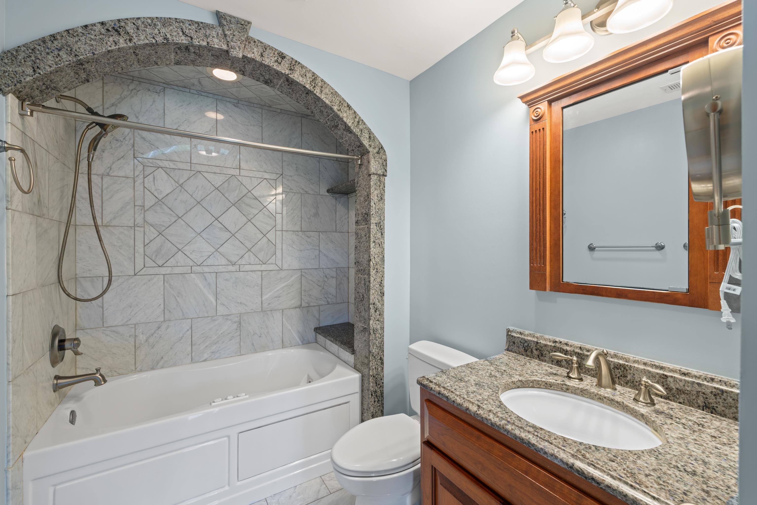 1569 Massanetta Springs Road Harrisonburg, VA 22801 - Photo 42 of 75 a bathroom with a granite countertop sink a toilet and shower