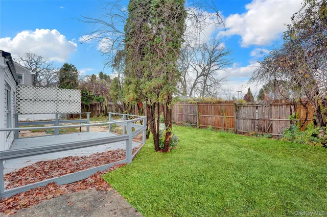 a view of a backyard with large trees