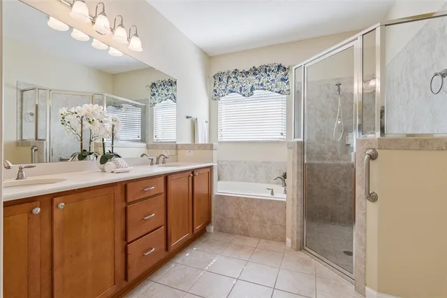 a bathroom with a double vanity sink mirror and shower