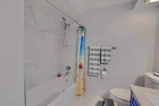 a bathroom with a shower and a toilet