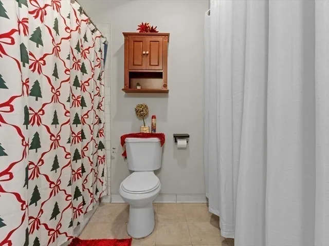 a white toilet sitting next to a shower curtain
