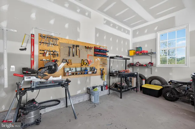 a garage with furniture