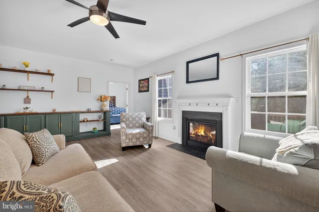 a living room with furniture and a fireplace