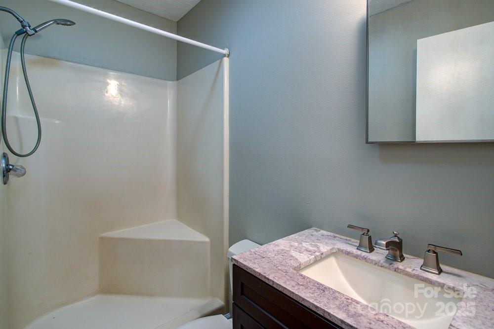 573 Margot Road Boone, NC 28607 - Photo 13 of 15 a bathroom with a granite countertop sink a toilet and a mirror