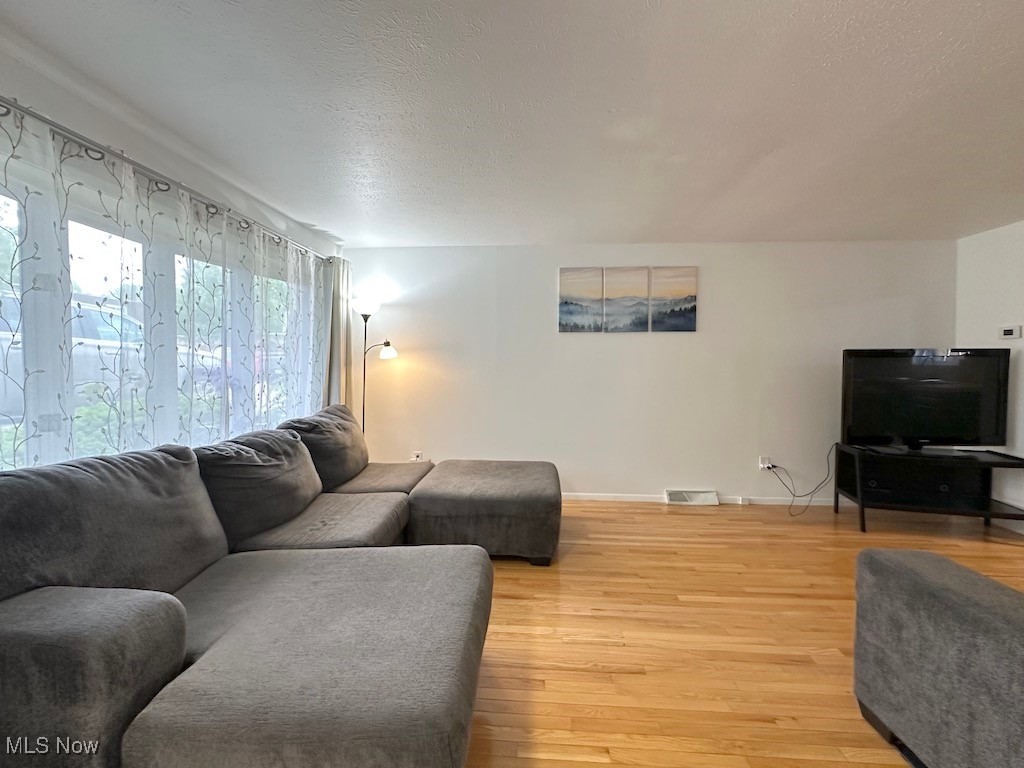 6482 State Road, Unit E1 Parma, OH 44134 - Photo 3 of 48 Living room with light wood finished floors, a textured ceiling, and baseboards