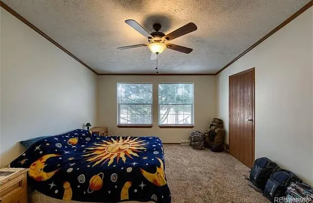 a bedroom with a bed and a chandelier