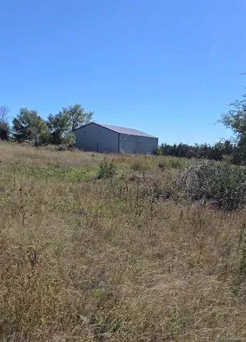 a view of a field with trees in background