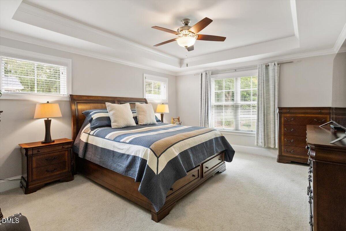 1404 Ivy Lane Raleigh, NC 27609 - Photo 14 of 37 Tray ceiling with crown molding, ceiling fan with integrated lighting, multiple windows with blinds, and carpeted flooring