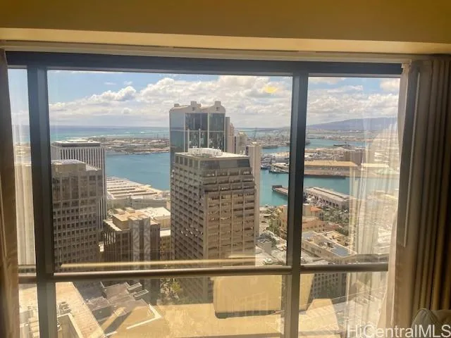 a view of a glass building from a window