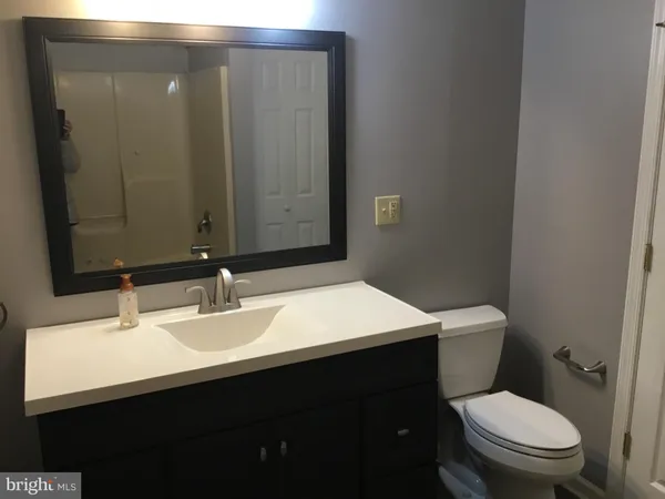 a bathroom with a sink a toilet and mirror