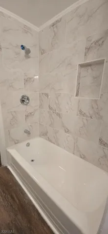 a bathroom with a bathtub and shower