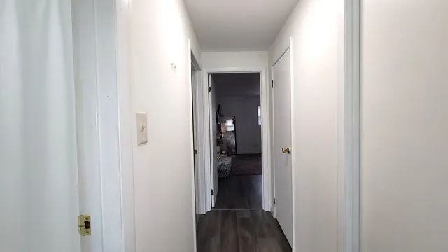 a view of a hallway with wooden floor