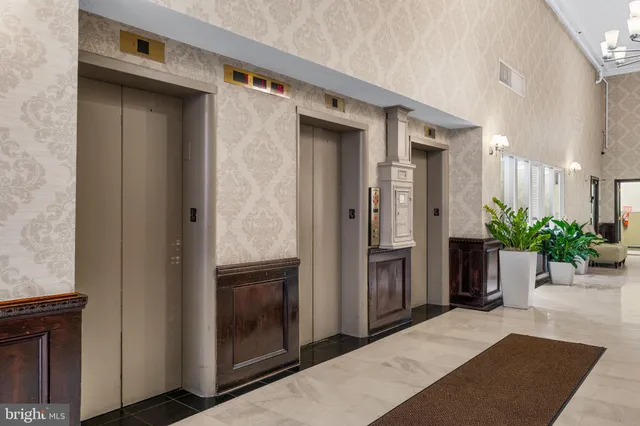 a hallway with potted plants in front of door