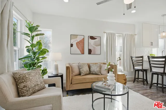 a living room with furniture and a potted plant