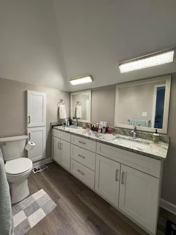 a bathroom with a double vanity sink and a toilet
