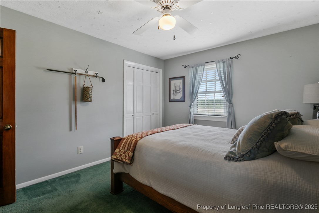 5017 Goldsboro Road Wade, NC 28395 - Photo 35 of 50 a bedroom with a bed and a chandelier