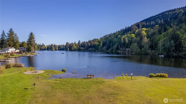 a view of a lake with a building in the background