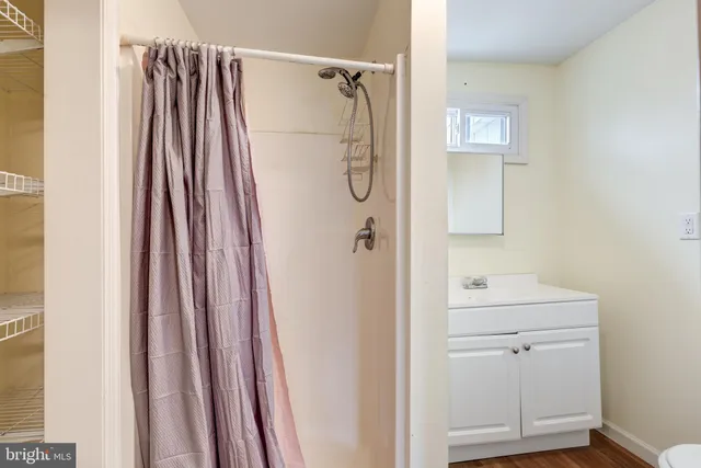 a bathroom with a shower a sink and a mirror