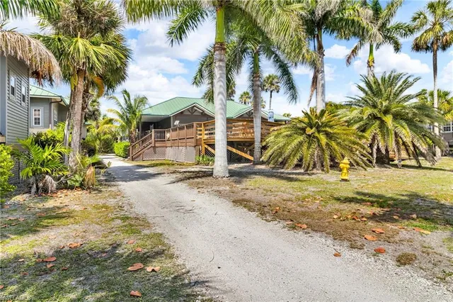 a view of a house with a yard and palm trees