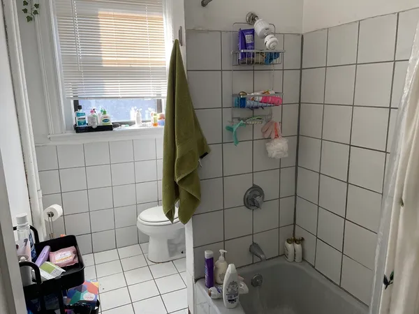 a bathroom with a toilet and a shower