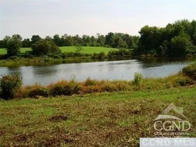 a view of a lake in middle of a town with lots of green space