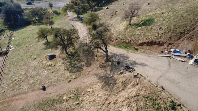 a view of a dry yard with trees