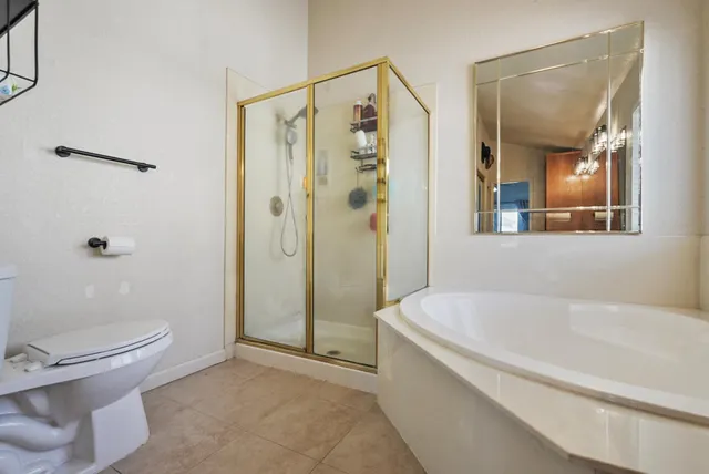 a bathroom with a bathtub and a toilet