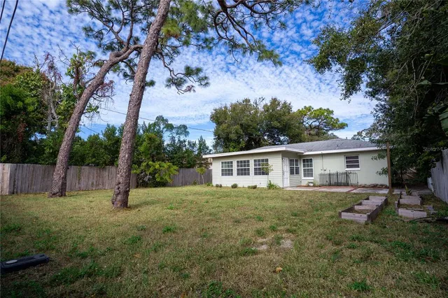 a view of a house with backyard and a tree
